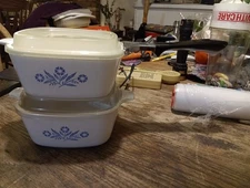 Set Of 2  Corning Ware Blue Cornflower Mini Dishes W/plastic Lids & HandleP-43-B