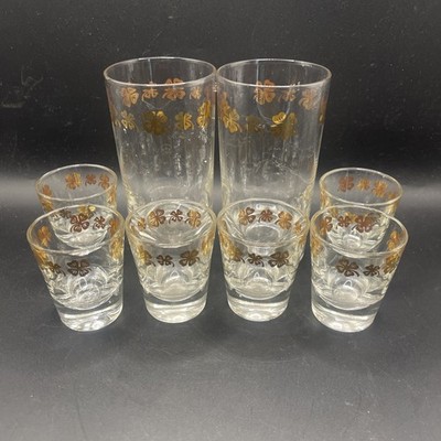 vintage mid century modern 6 Shot Glasses & 2 Tall Glasses Clover Pattern