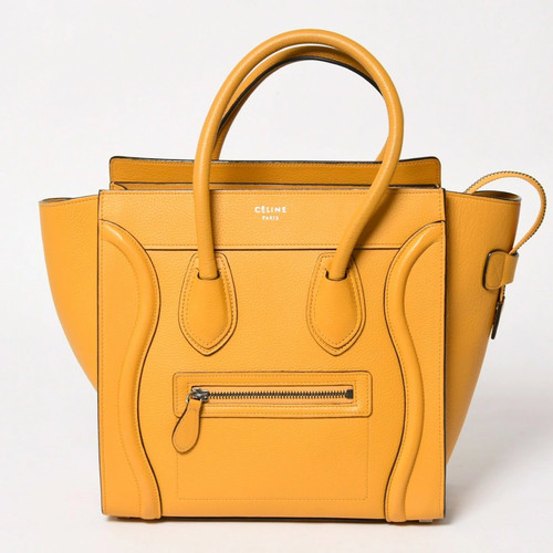 CELINE Luggage Micro Shopper Handbag Shoulder Bag Calfskin Suede Yellow