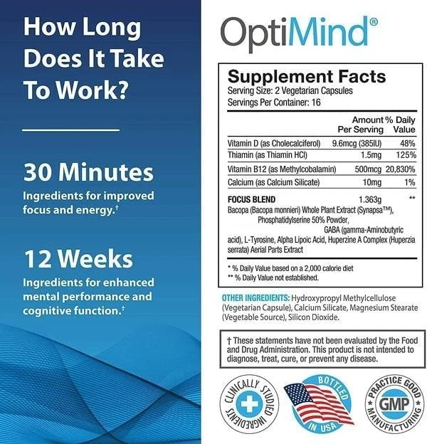 Optimind Nootropics Brain Booster Suplemento 32 Ct Foto 2 de 3