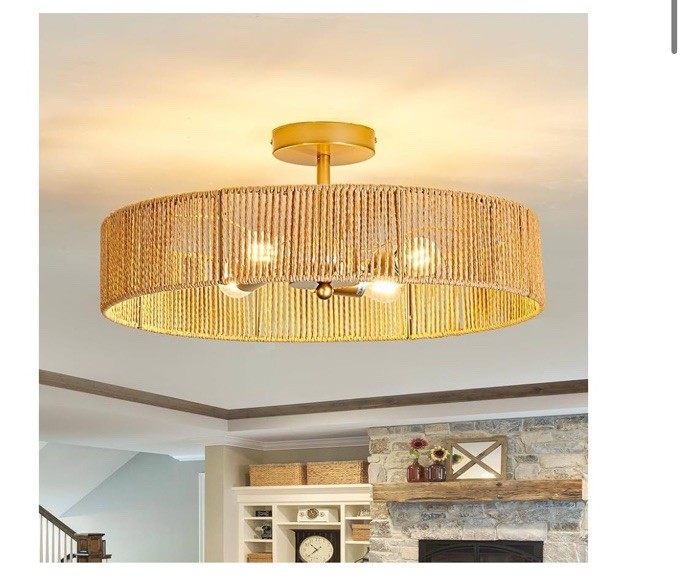 Boho Rattan Ceiling Light Fixture Vintage Gold Semi Flush Mount 20 Inch