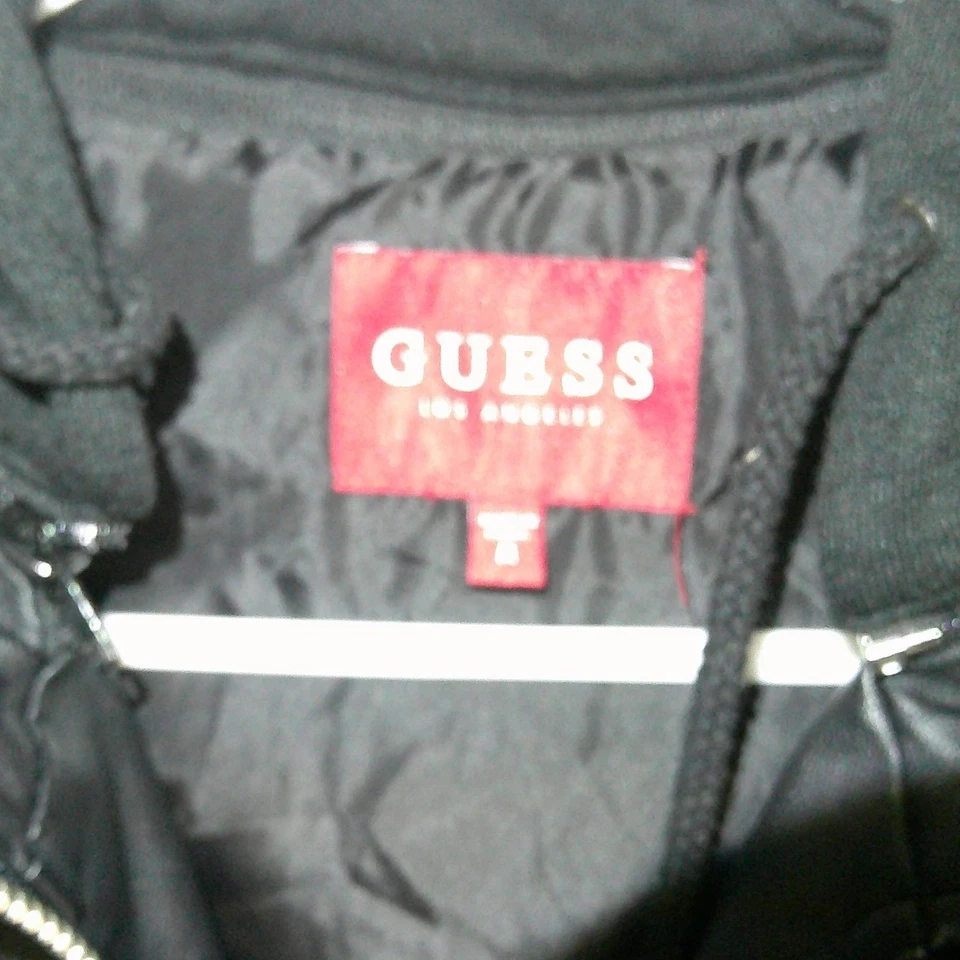 Vintage Guess Los Angeles Black Faux Leather Hooded Vest Mens Medium - Image 3 of 3