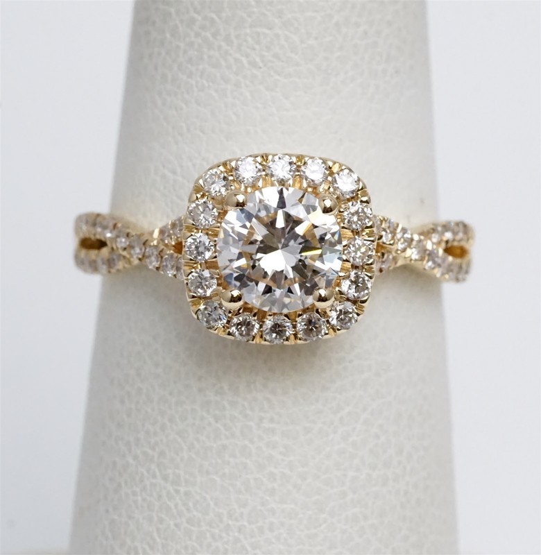 14K Yellow Gold 1.5ctw Lab Created Diamond Halo Engagement Ring w/cert