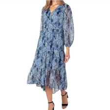 Joie Size XL Parisian Paisley Blue Long Sleeve Tiered Chiffon Midi Dress Peasant