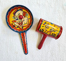 2 Vtg Kirchhof Life of the Party Tin Litho Wood Handle Noise Maker Clown Clapper