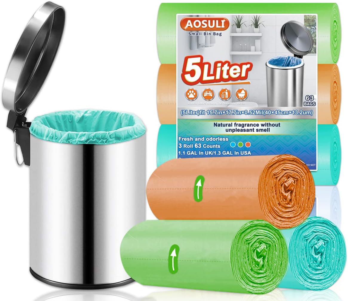 5L Bin Bags AOSULI 63 Counts 3-6L Small Pedal Garbage Bags Colorful Bin Liners