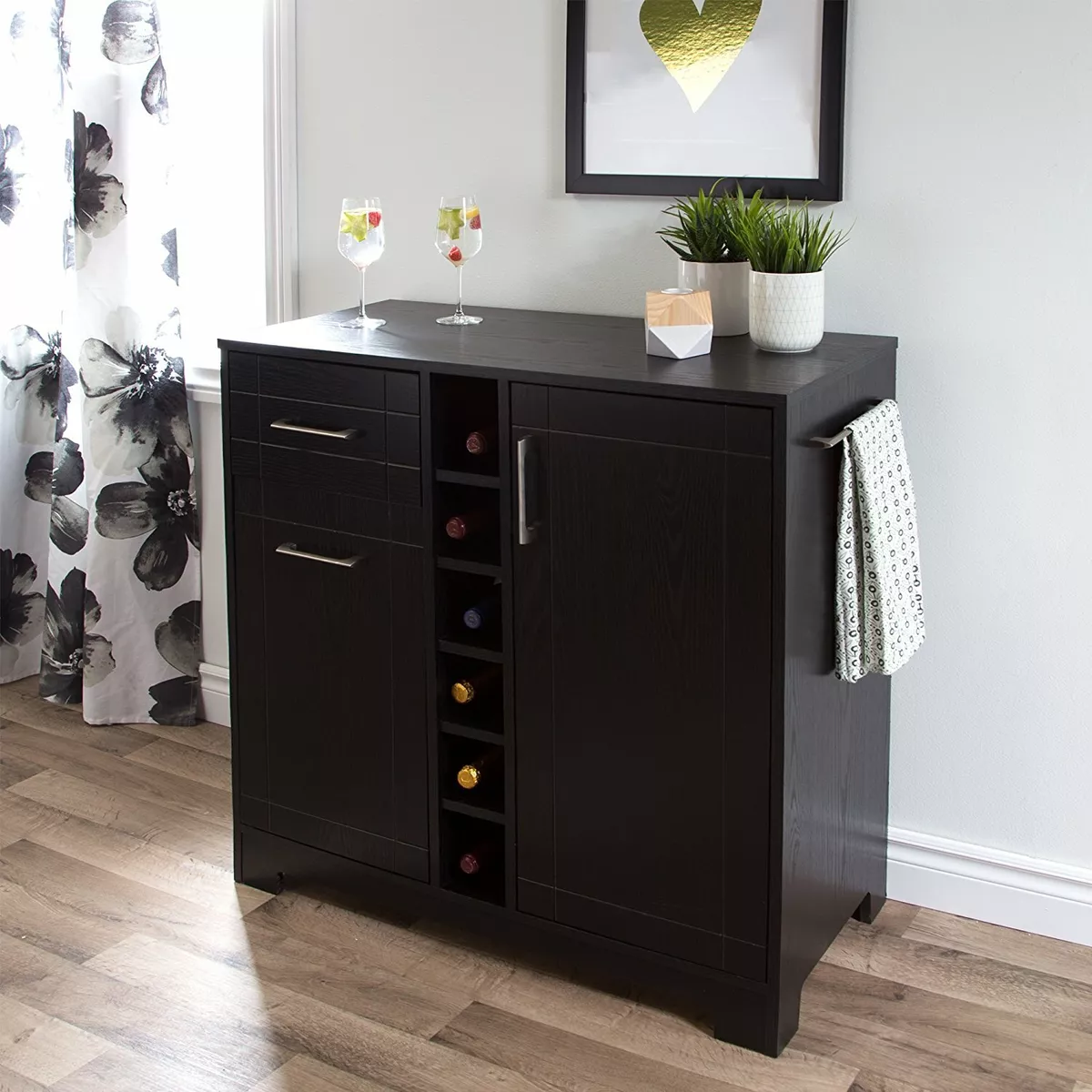 Black Oak Finish Wooden Dry Bar Liquor Cabinet Storage Server Wine Rack Cocktail