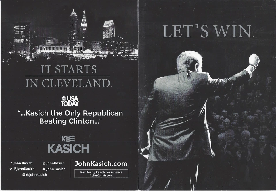 2016 JOHN KASCH FOR PRESIDENT b/w PICTURE CAMPAIGN FLYER  - Photo 1/1