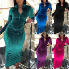 Women Winter Zip V Neck Long Sleeve Solid Bodycon Maxi Dress Party Cocktail Club
