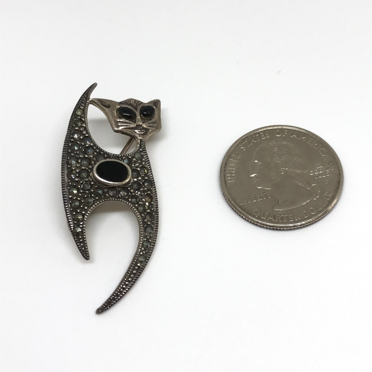 Vintage 925 Sterling Silver Black Onyx Marcasite Kitty Cat