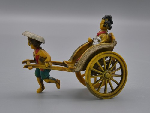 Vintage Celluloid Rickshaw Running Man Pulling Geisha Lady Moving Wheels 2.75" - Picture 2 of 11