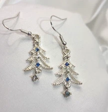 Fashion Jewelry EARRINGS, Sparkly Christmas Tree Blue Crystals set in Silver NEW