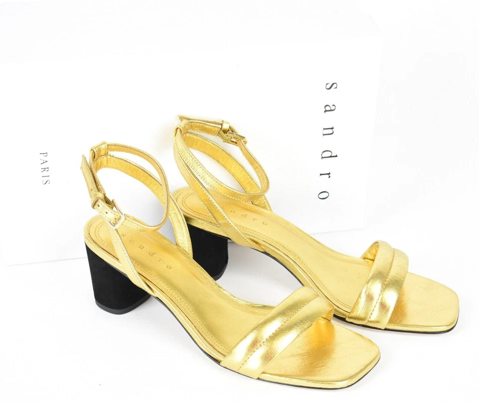 SANDRO Lauren Shoes Womens EU 38 / UK 5 Gold Metallic Heeled Leather Sandals - Image 2 of 4