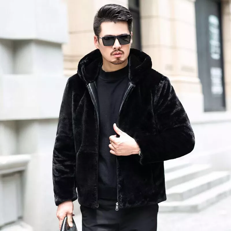 Men Faux Fur Hooded Coat Jackets Furry Warm Zip Up Parka Overcoat Outwear  Winter