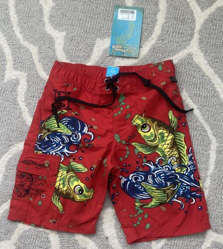 NWT ED HARDY boys Toddler Red FISH SWIM TRUNKS Board Shorts Sz 3/4 - Picture 1 of 4