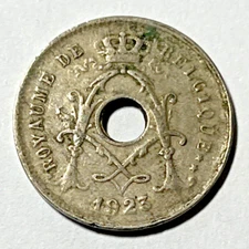 1923 Belgium 5 centimes Coin Center Hole Flanked by Olive Sprig