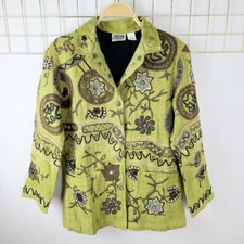 Chico's Design Womens Jacket Large Silk Vintage Embroidered Artsy Boho- Read