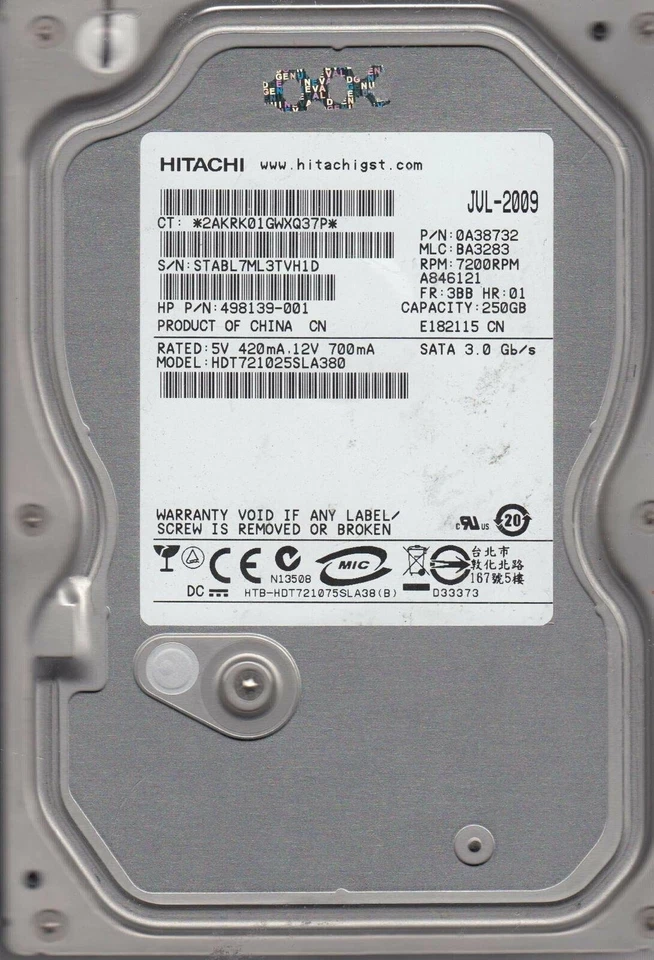 HDT721025SLA380 PN 0A38732 MLC BA3283 Hitachi 250GB SATA 3.5 Hard Drive - Image 3 of 3