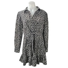 Topshop Black Floral Button Collared Bow Front Long Sleeve Mini Shirt Dress Sz 8