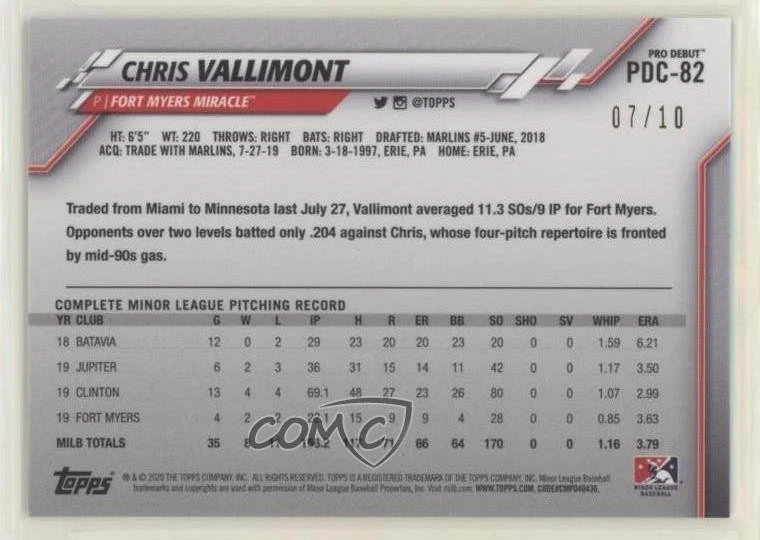 2020 Topps Pro Debut Chrome Red Refractor /10 Chris Vallimont #PDC-82 - Image 2 of 2