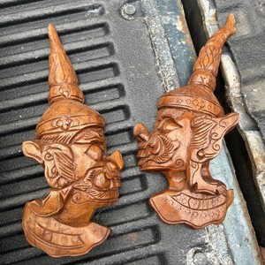 two Thai Hindu carved wood Barong face figures Teak Wood