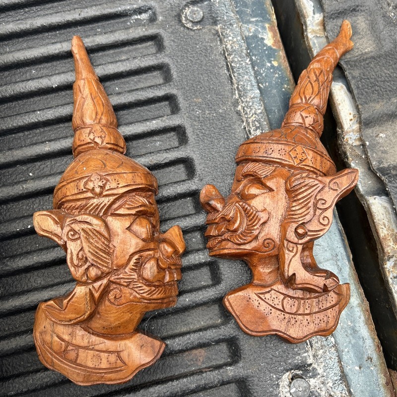 two Thai Hindu carved wood Barong face figures Teak Wood