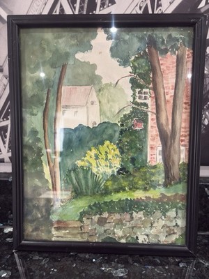 Original Framed Realism Watercolor Drawing House Garden Trees 12  x 15  on Paper