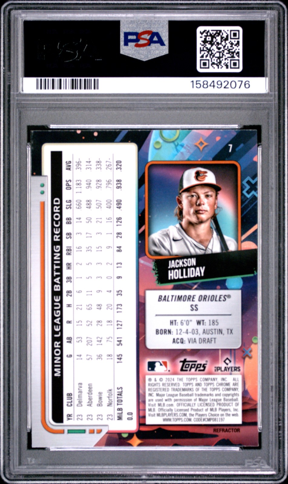 2024 TOPPS COSMIC CHROME REFRACTOR #7 JACKSON HOLLIDAY ROOKIE RC PSA 9 view 2
