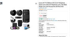 Canon EF 75-300mm f/4-5.6 III Telephoto Zoom Lens with accessories