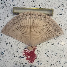 Vintage Wooden Hand Fan Carved Design in Original Box