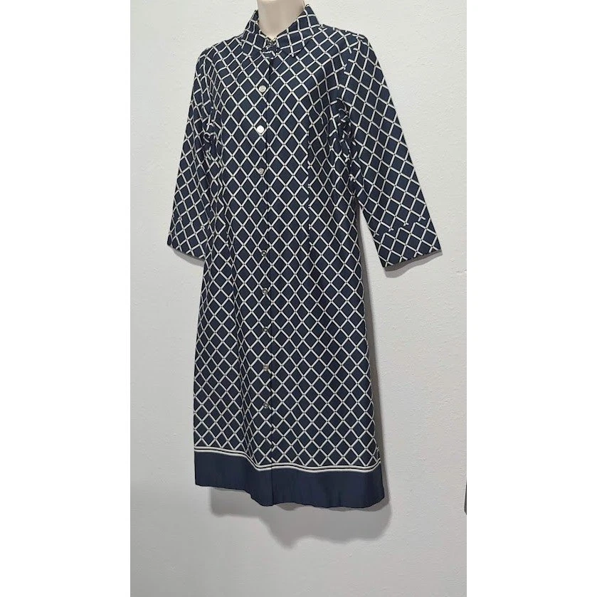 Vestido Camisa Charter Club Mujer 8 Azul Marino Blanco Estampado Diamante Botón Delantero Algodón Foto 3 de 4