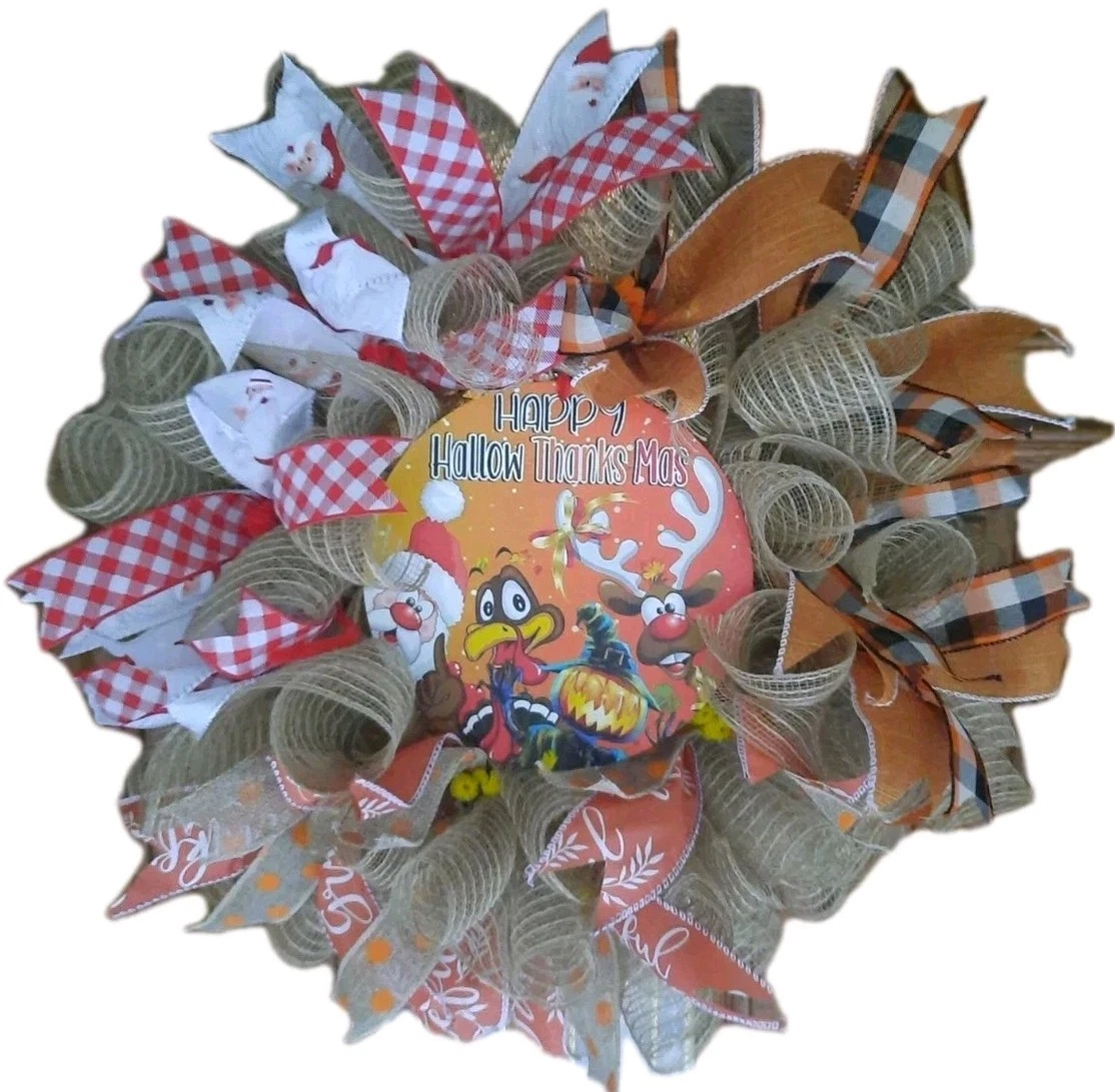Hallowthankmas wreath for front door handmade, Deco Mesh Wreath With Tin Sign