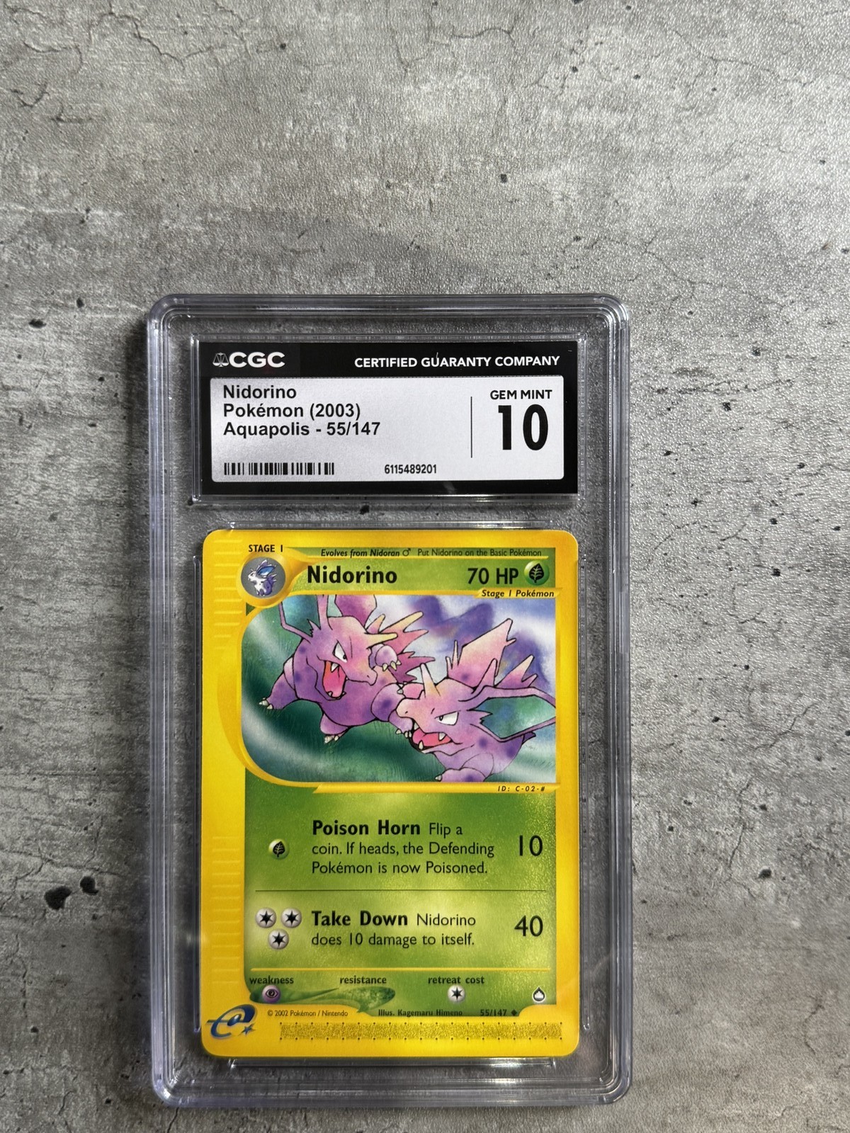 Pokemon Card Nidorino CGC 10 Gem Mint, e-Reader Aquapolis 55/147, WOTC 2003
