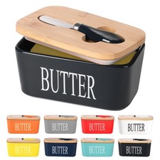 Ceramic Butter Dish with Wooden Lid, Large Butters Container Keeper Storage w...