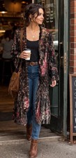Brown Floral Kimono Cardigan Panné Velvet Co...