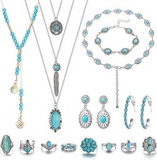 Bohemian Jewelry Set Turquoise Rings Necklace Earrings Bracelet Western Boho