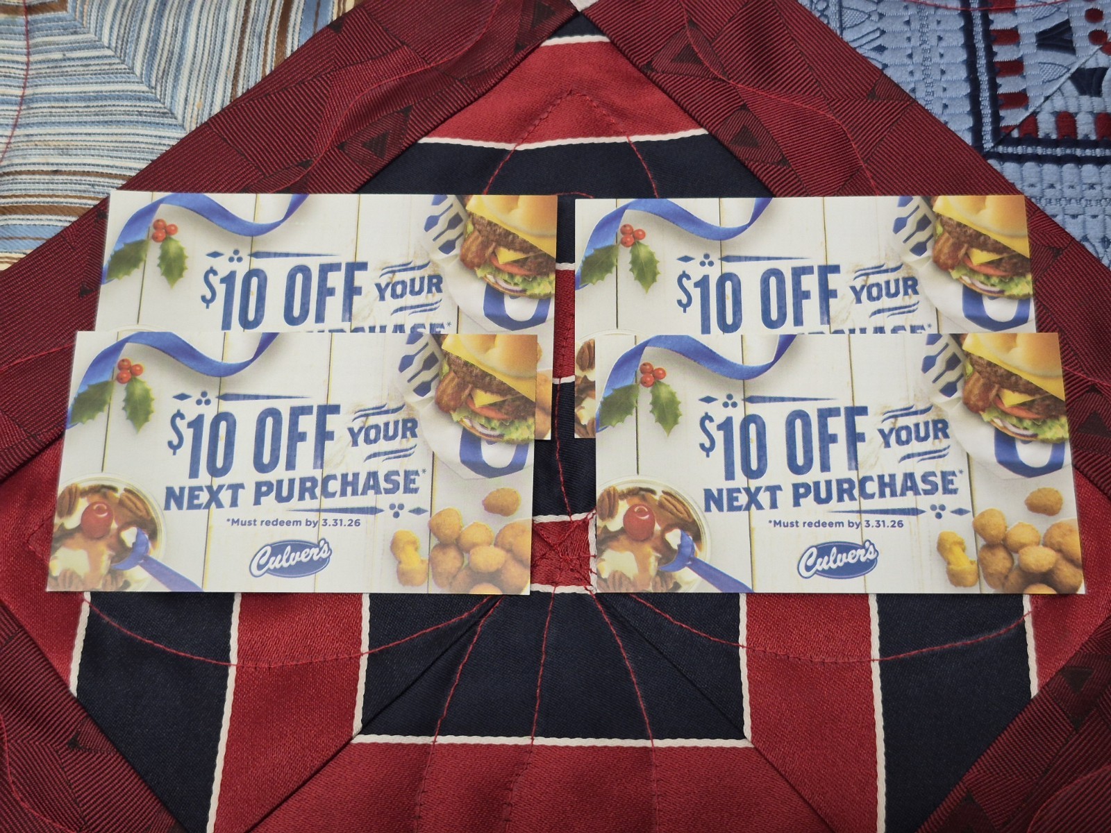 Culvers Card Lot Of 4 $40 Value!!! !MORE INSIDE! McDonalds Burger King KFC