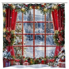 Merry Christmas Shower Curtain Winter Xmas Wreath Snow Scene Snowflake Rustic...