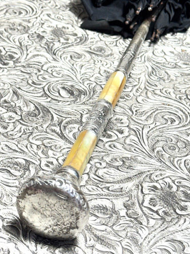 Antique Hull Umbrella Sterling Silver Mother of Pearl Parasol Victorian Silk