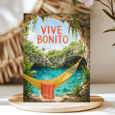 Vive Bonito Tulum Watercolor Print, Mexico Cenote Hammock Phrase Wall Art