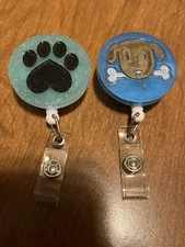 Set Of 2 Blue Dog Resin Badge Reel Slide Clip Paw Bone Glitter