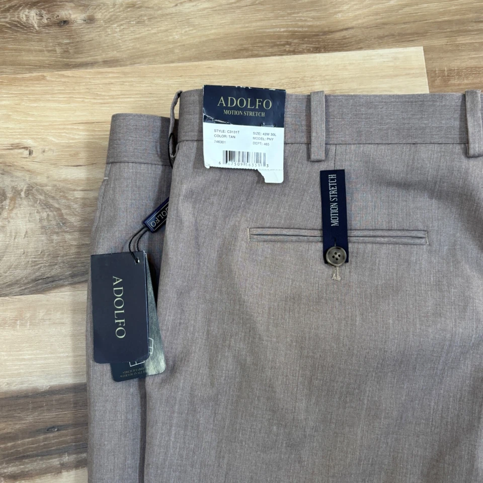 Adolfo 正装裤子男式 42 x 30 运动弹力浅棕色 — 第 3/4 张图片