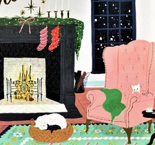 SET OF 4 NEW Punch Studio Cat Fireplace Christmas Cards Molly Rex Large Foil