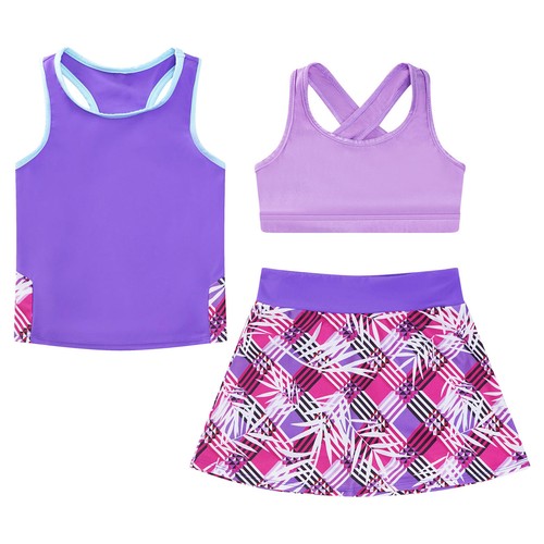 Kids Girls Sport Outfits Tennis Baseball Activewear Cropped Tank Top with Skirts - Picture 30 of 45