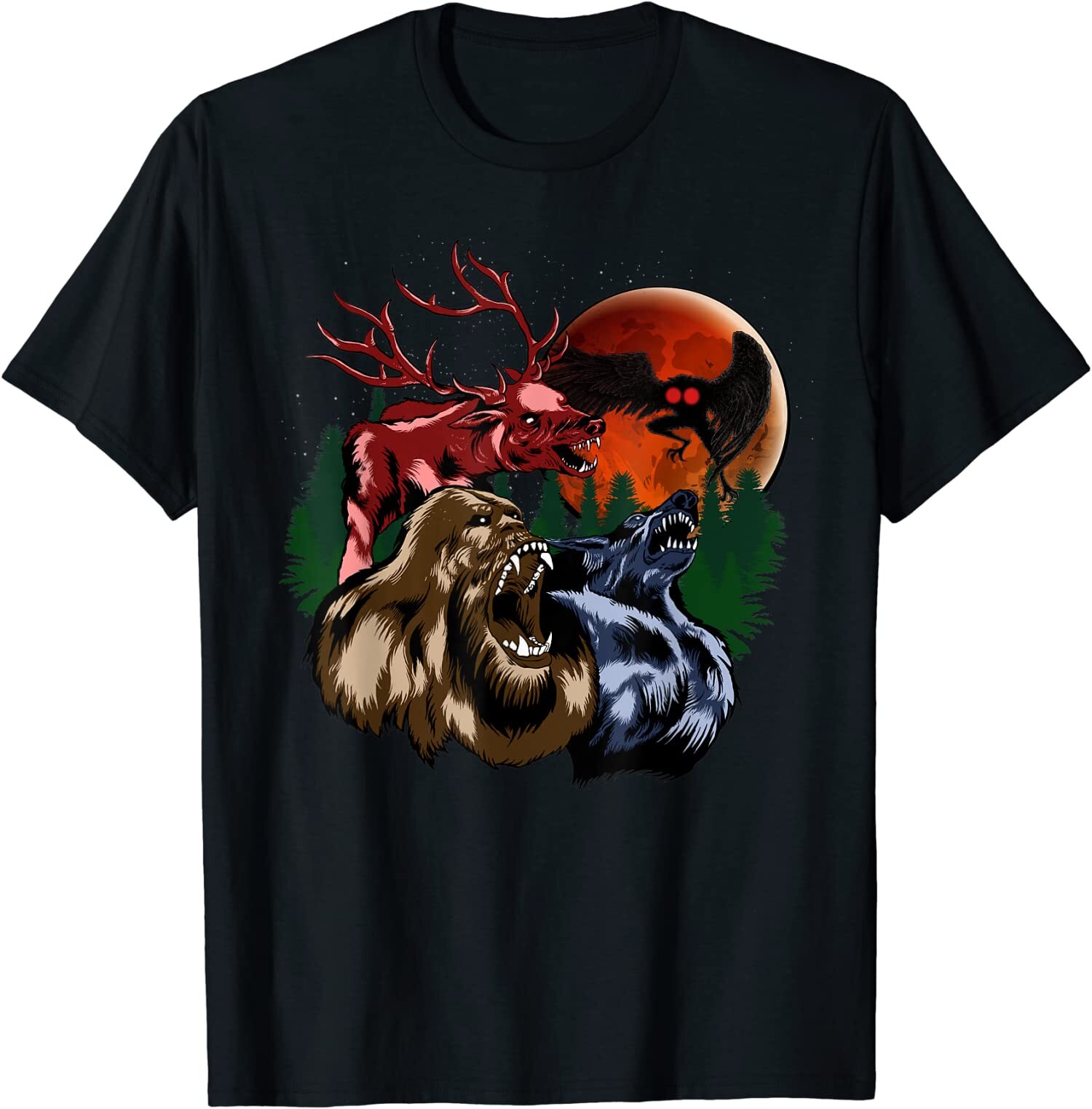 Three Cryptid Moon - Sasquatch, Dogman, Wendigo, Mothman T-Shirt
