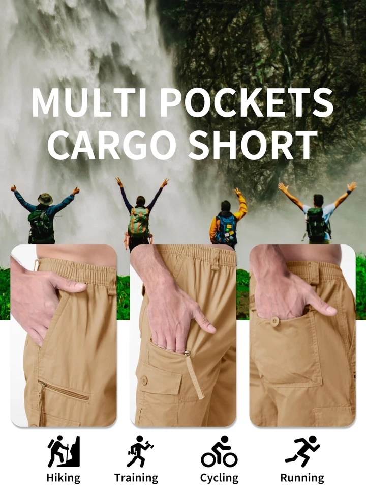 Men's Long Elastic Cargo Shorts Below Knee 3/4 Cotton Casual Outdoor Hiking Pant - Image 4 of 4
