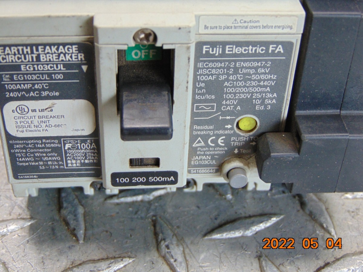 FUJI EG103CUL 100 AMP 100A 3P 240V EARTH LEAKAGE BREAKER