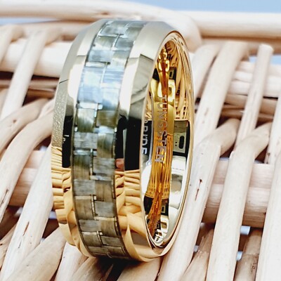 Yellow Gold Tungsten Ring Golden Carbon Fiber Inlay Beveled Edge Tungsten Ring,