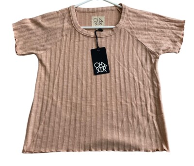 Chaser Top Women s Light Orange Small Ribbed Short Sleeve Pullover New