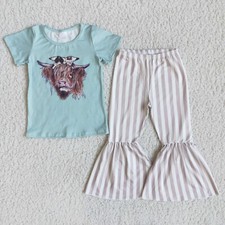 Baby Girls New Boutique Outfit Highland Cow Top Striped Bell Bottom Pants Set